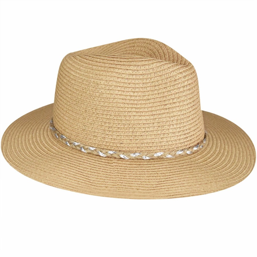 Women'S David & Young Floppy/Wide Brim Hats | Metallic Braid Straw Fedora Light Brown