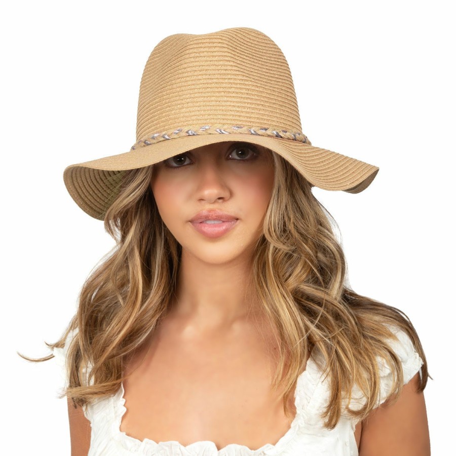 Women'S David & Young Floppy/Wide Brim Hats | Metallic Braid Straw Fedora Light Brown