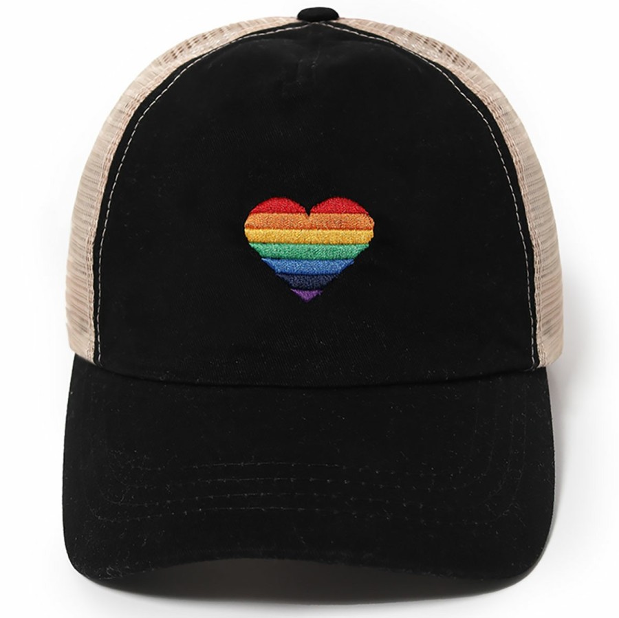 Women'S David & Young Baseball Caps | Rainbow Heart Mesh Back Ponyflo Baseball Cap Black